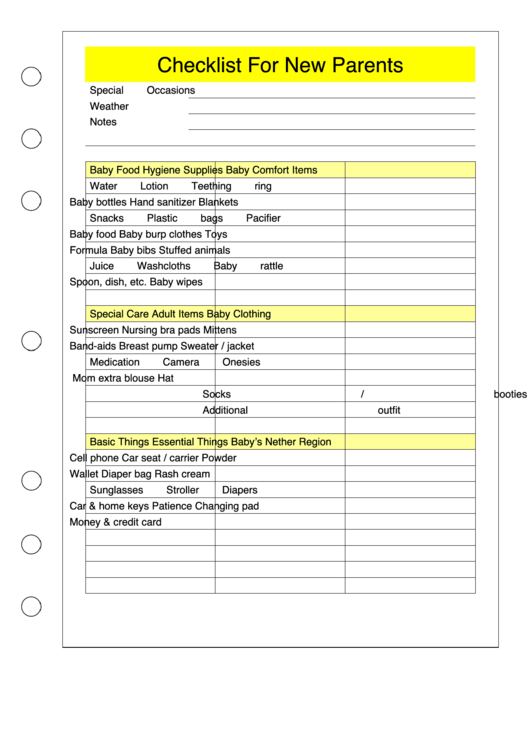 Checklist Template For New Parents - Left Printable pdf