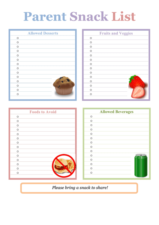 Parent Snack List Printable pdf