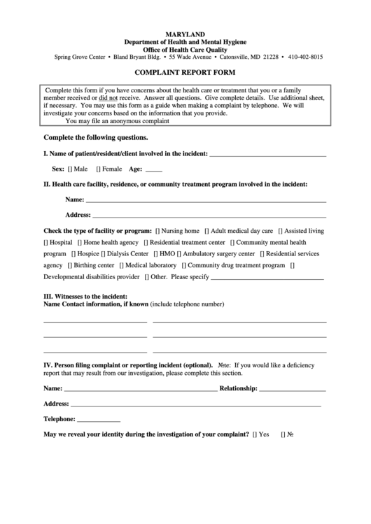 Complaint Report Form Printable pdf