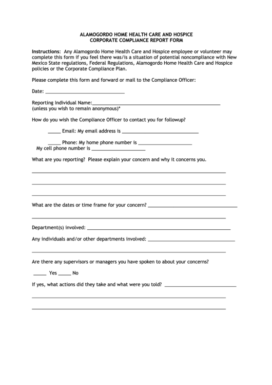 Alamogordo Home Health Care And Hospice Corporate Compliance Report Form Printable pdf