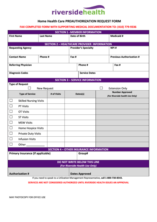 Fillable Home Health Care Preauthorization Request Form Printable pdf