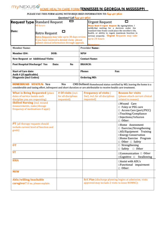Home Health Care Form Tennessee/n Georgia/n Mississippi Printable pdf