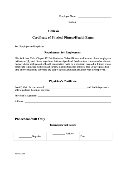 Certificate Of Physical Fitness/health Exam Printable pdf