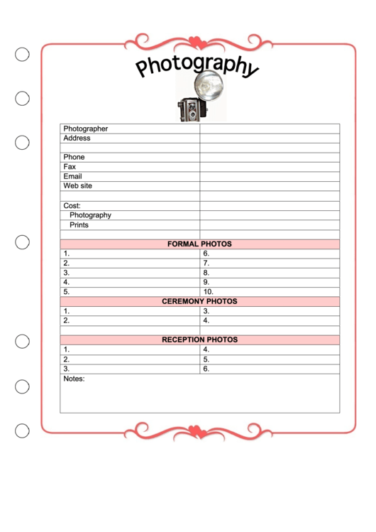 Wedding Planner - Photography Printable pdf
