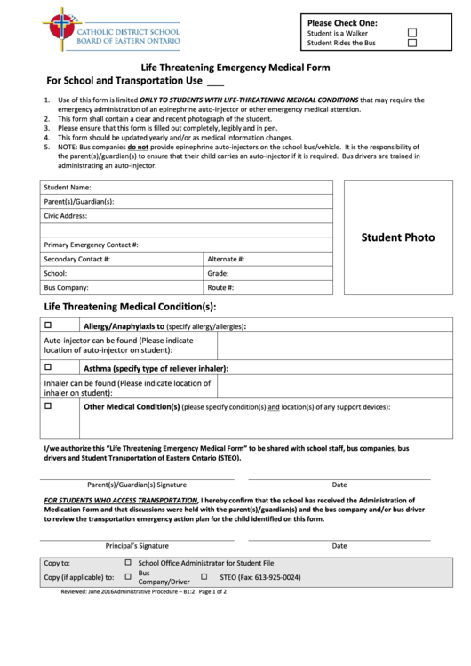Life Threatening Emergency Medical Form For School And Transportation Use