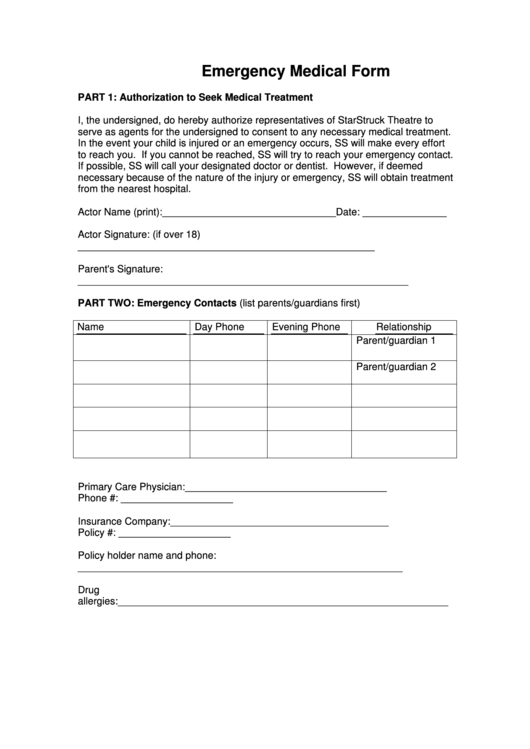 Emergency Medical Form Printable pdf