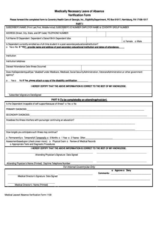 Medically Necessary Leave Of Absence Verification Form Printable pdf