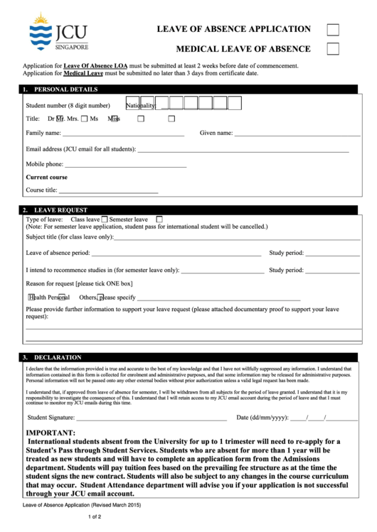 Leave Of Absence Application Printable pdf