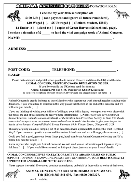 Animal Concern Donation Form Printable pdf
