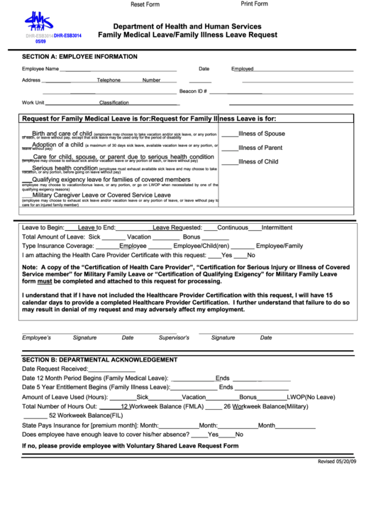 Fillable Department Of Health And Human Services Family Medical Leave/family Illness Leave Request Form Printable pdf