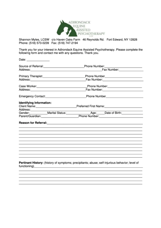 Adirondack Equine Assisted Psychotherapy Intake Form Printable pdf