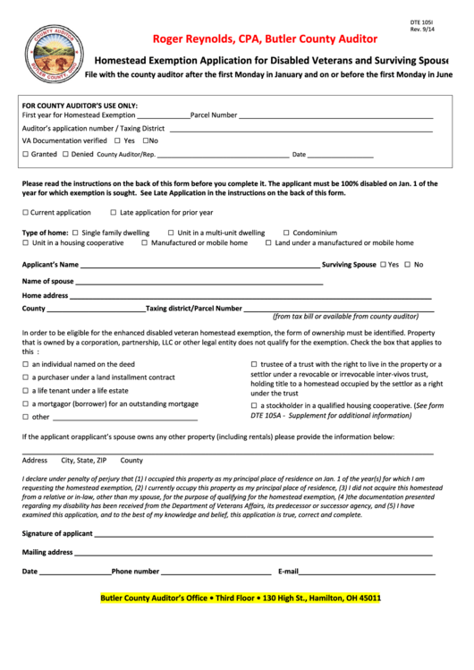 Fillable Form Dte 105i - Homestead Exemption Application For Disabled Veterans And Surviving Spouses Printable pdf