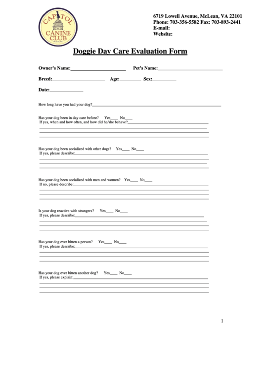 Doggie Day Care Evaluation Form Printable pdf