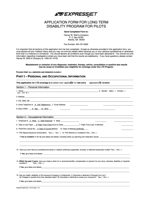 Application Form For Long Term Disability Program For Pilots - Harvey W. Watt & Company, Atlanta, Ga