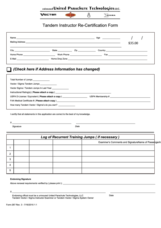 Tandem Instructor Re-Certification Form Printable pdf