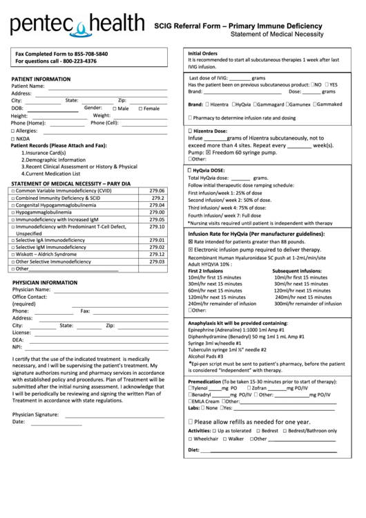 Scig Referral Form - Primary Immune Deficiency, Statement Of Medical Necessity Printable pdf