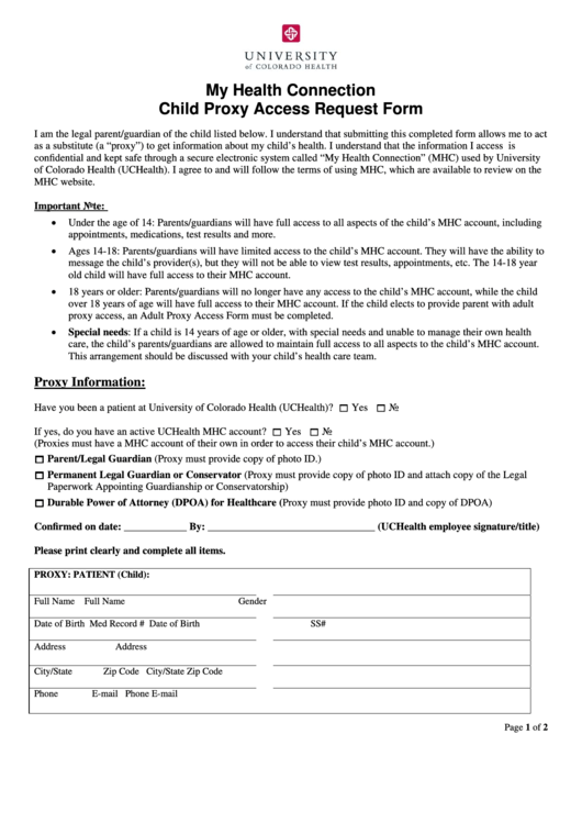 My Health Connection Child Proxy Access Request Form Printable pdf
