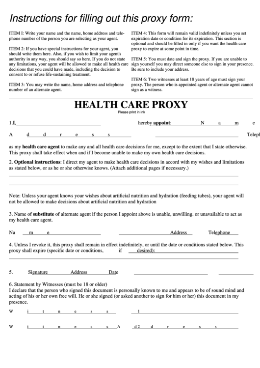 Health Care Proxy Form printable pdf download