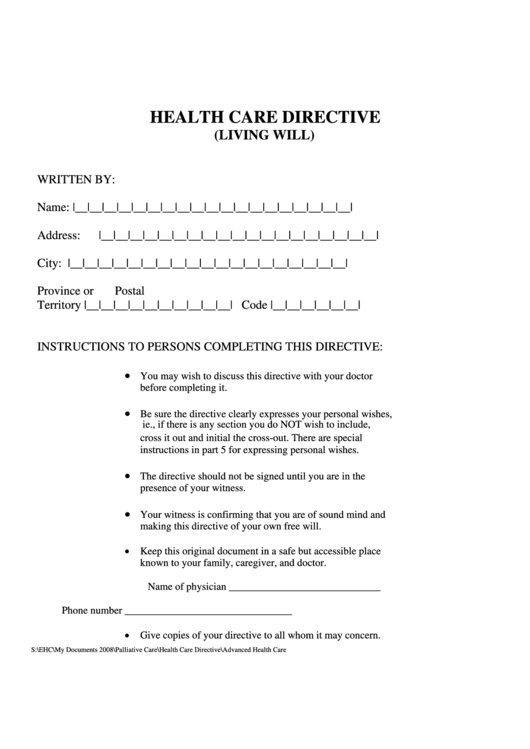 Health Care Directive (Living Will) Printable pdf