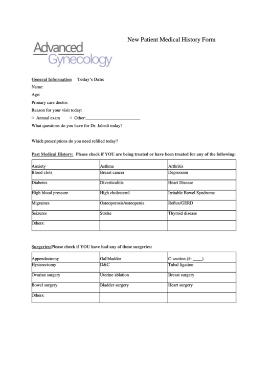 New Patient Medical History Form Printable pdf