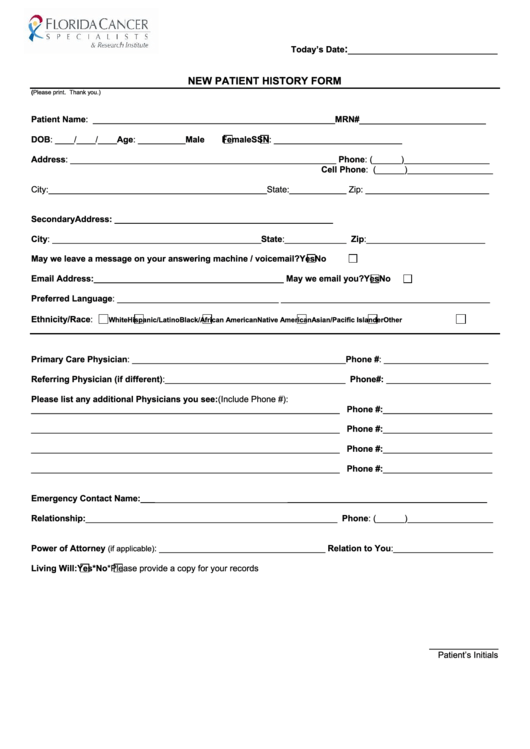 New Patient History Form Printable pdf