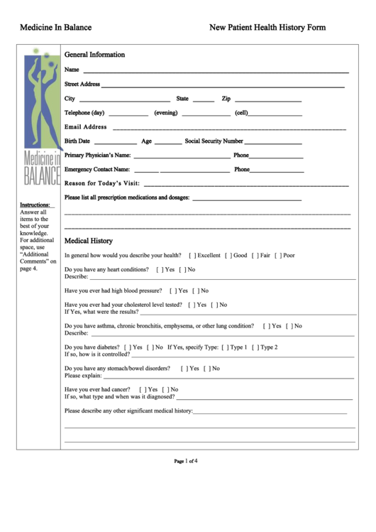 New Patient Health History Form Printable pdf