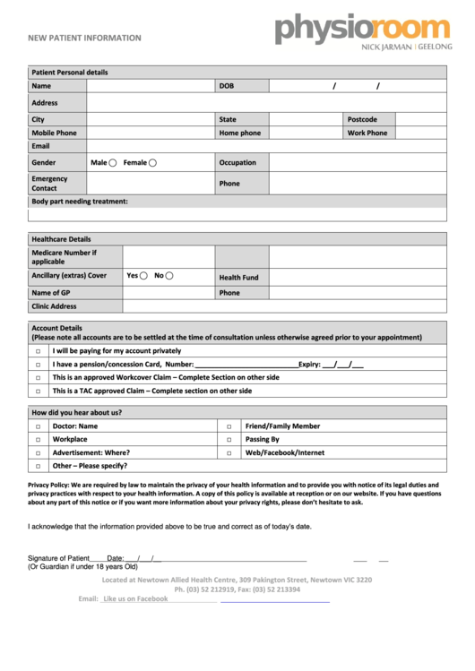 New Patient Information Sheet Printable pdf