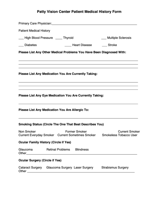 Patty Vision Center Patient Medical History Form Printable pdf