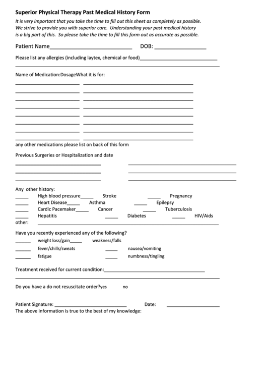 Superior Physical Therapy Past Medical History Form Printable pdf