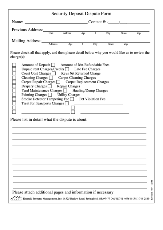 Security Deposit Dispute Form Printable pdf