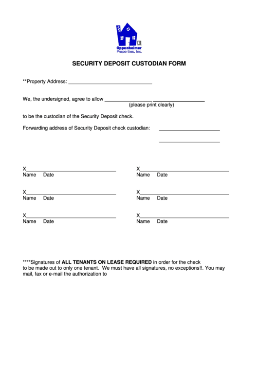 Security Deposit Custodian Form Printable pdf