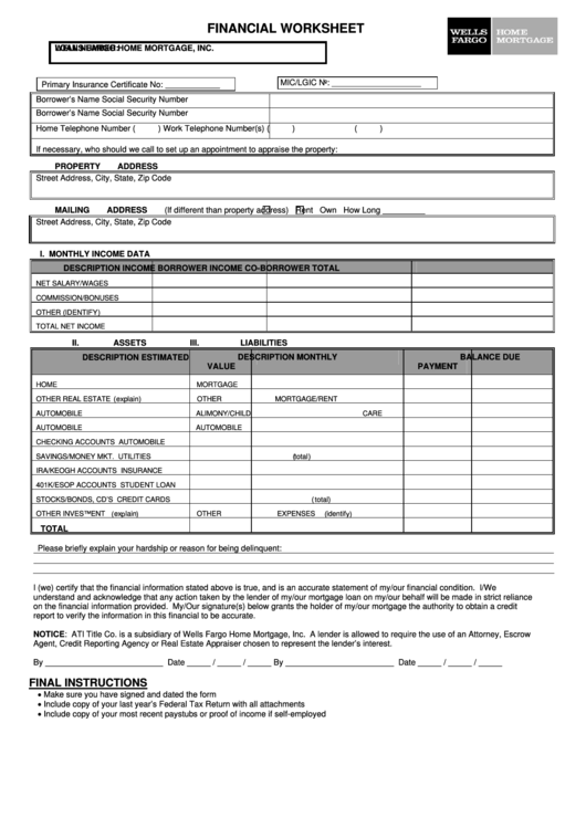 Financial Worksheet - Wells Fargo Home Mortgage Printable pdf
