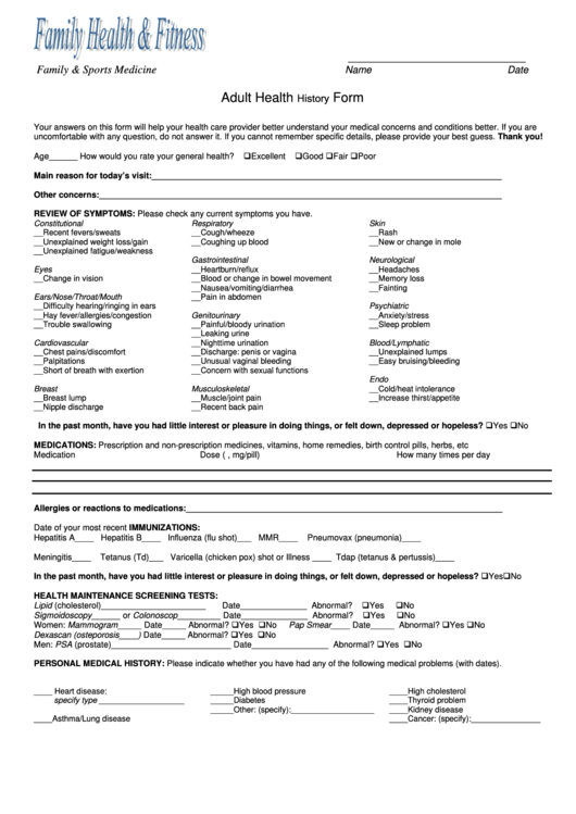 Adult Health History Form Printable pdf