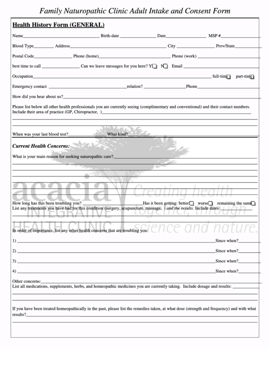 Health History Form (General) Printable pdf