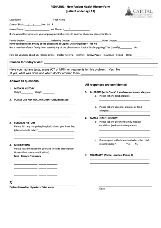 Pediatric - New Patient Health History Form Printable pdf