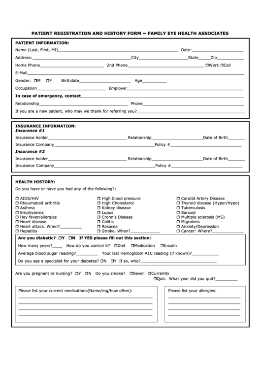 Patient Registration And History Form Family Eye Health Associate Printable pdf