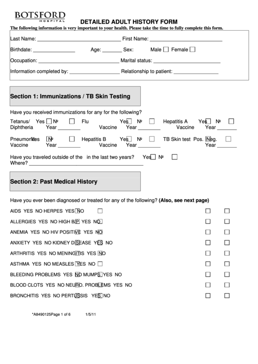 Detailed Adult History Form Printable pdf