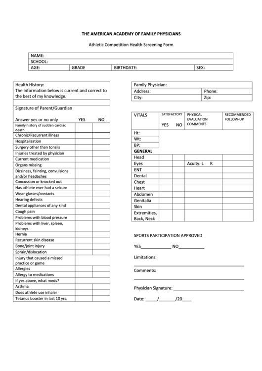 Athletic Competition Health Screening Form Printable pdf