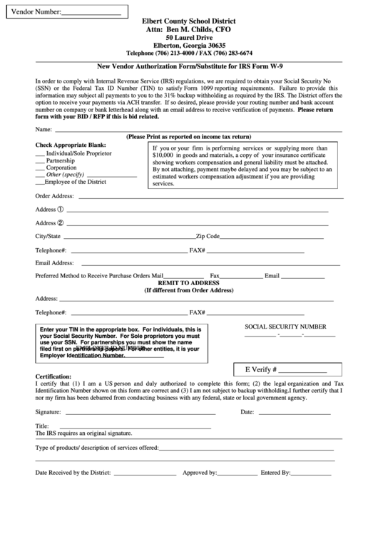 New Vendor Authorization Form/substitute For Irs Form W-9