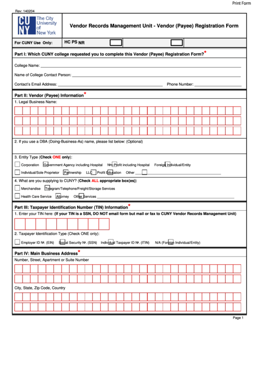Fillable City University Of New York Vendor Form Printable pdf