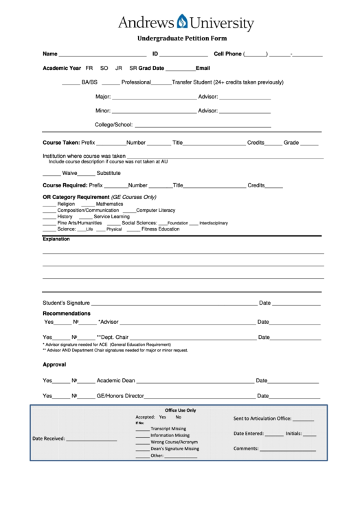Undergraduate Petition Form Printable pdf