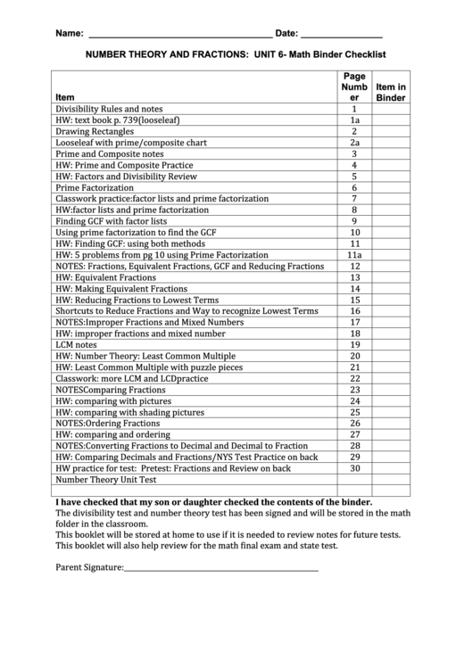 Number Theory And Fractions: Unit 6- Math Binder Checklist Printable pdf