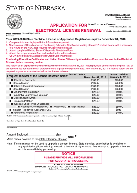 Fillable Sed 9L Application For State Electrical License Renewal