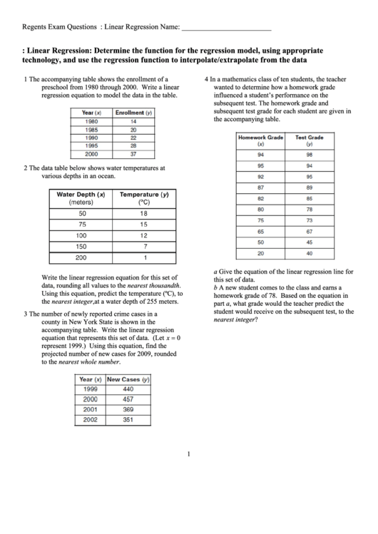 Linear Regression Math Worksheet Printable pdf