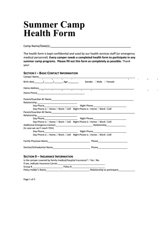 Summer Camp Health Form Printable pdf