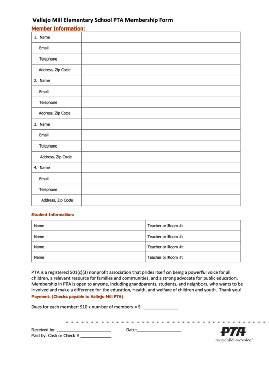 Vallejo Mill Elementary School Pta Membership Form Printable pdf