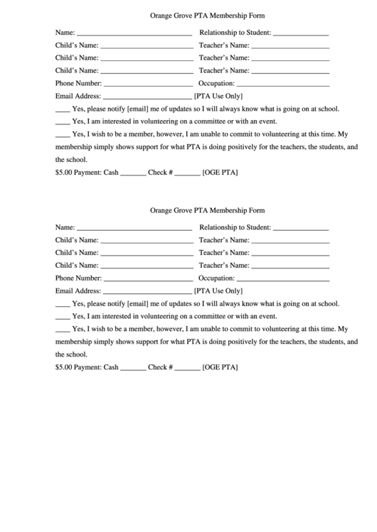 Orange Grove Pta Membership Form Printable pdf