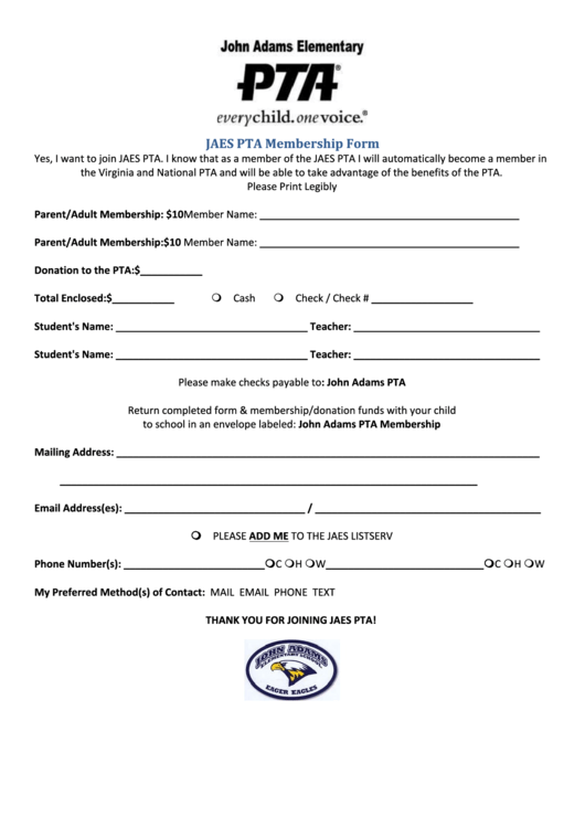 Jaes Pta Membership Form Printable pdf