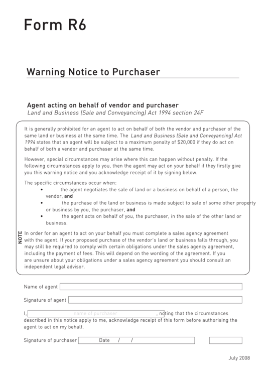 Form R6 Warning Notice To Purchaser
