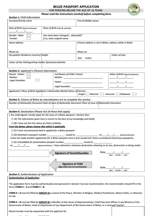 Belize Passport Application For Persons Below The Age Of 16 Years Printable pdf